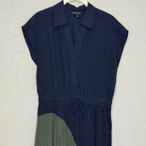 Club Monaco Shoanah Dress 2 Black Olive Pleated Colorblock Midi Shirt Collared