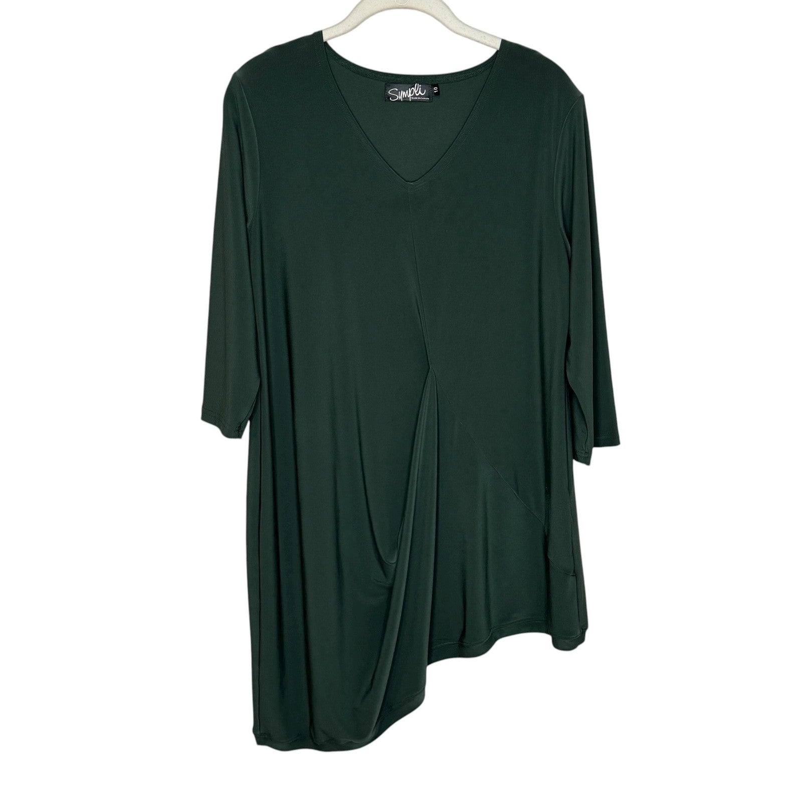 Sympli Shirt Womens 10 Green Tunic Asymmetric Hem Draped V-Neck 3/4 Sleeve Knit