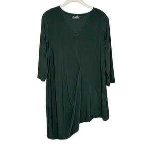 Sympli Shirt Womens 10 Green Tunic Asymmetric Hem Draped V-Neck 3/4 Sleeve Knit