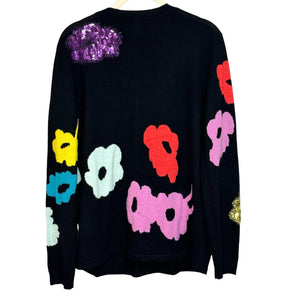 Escada Black V Neck Sweater Bright Sequin Flowers Size Large