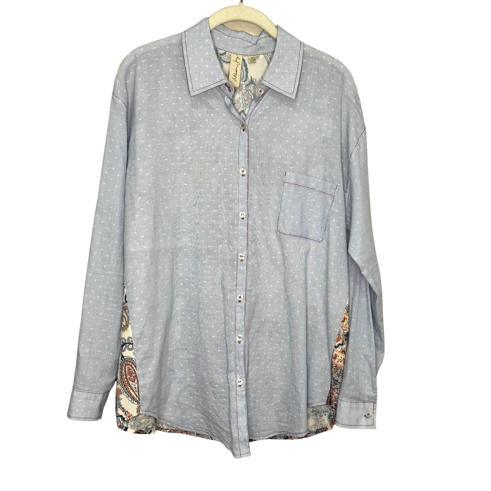 Allison Joy Shirt Womens Small Stripe Paisley Boho Button Up Patchwork Top Blous