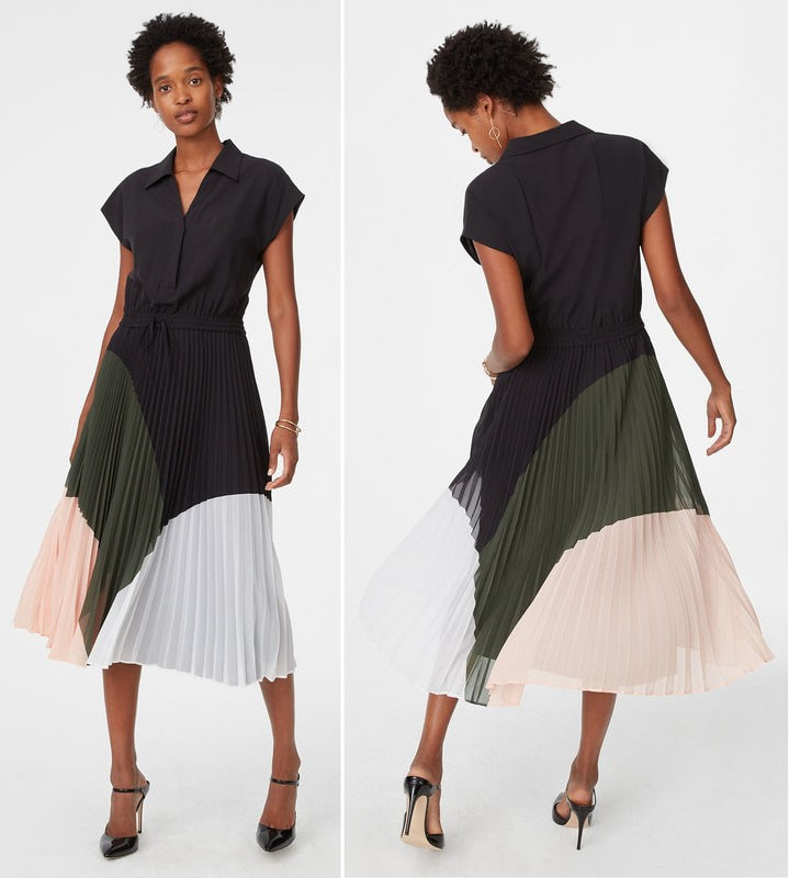 Club Monaco Shoanah Dress 2 Black Olive Pleated Colorblock Midi Shirt Collared