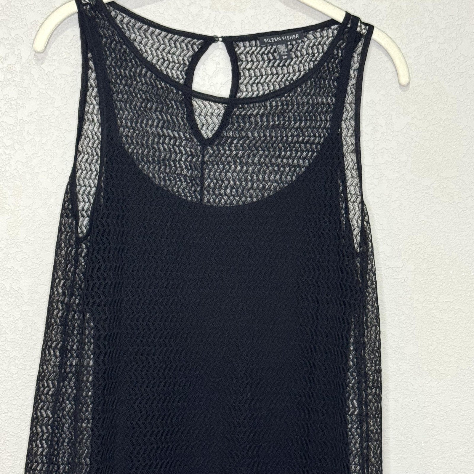 Eileen Fisher Dress Womens Small Black Sheer Mesh Sleeveless Keyhole Midi Slip
