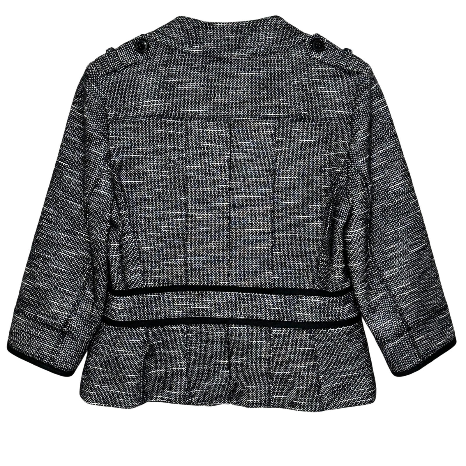 Halogen Jacket Womens 6P Petite Black White Tweed Lined Cropped 3/4 Sleeve Piped
