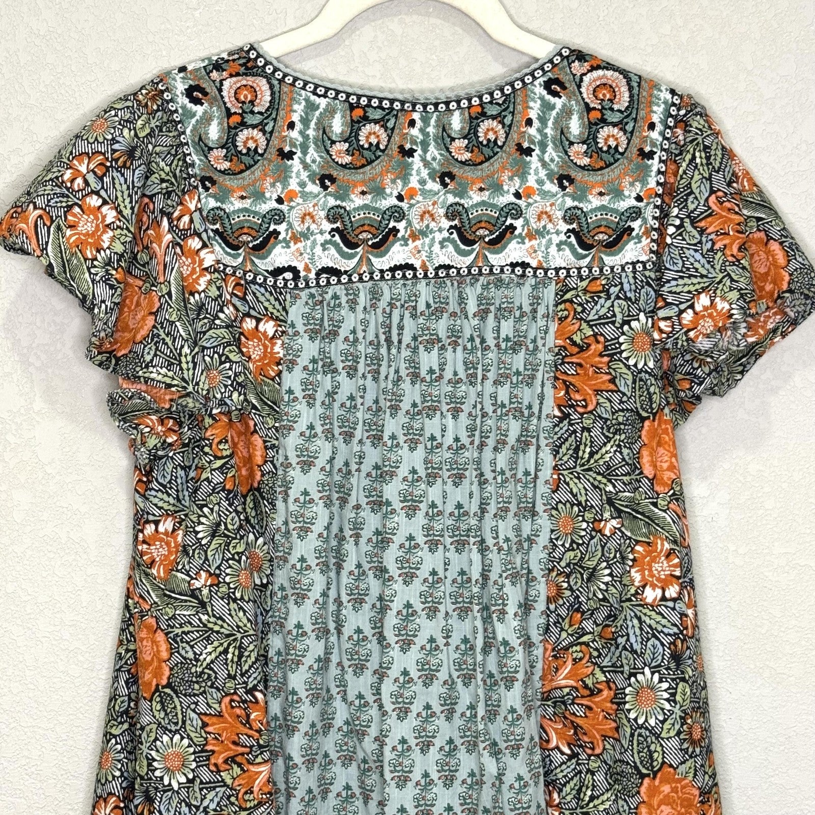 Anthropologie Dress Womens Small Boho Floral Paisley Tunic Pockets Orange Green