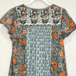 Anthropologie Dress Womens Small Boho Floral Paisley Tunic Pockets Orange Green