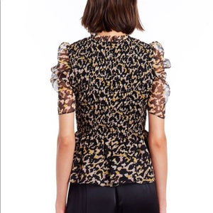 Amanda Uprichard Top Size Small Adrina Smocked Blouse Black Animal Print