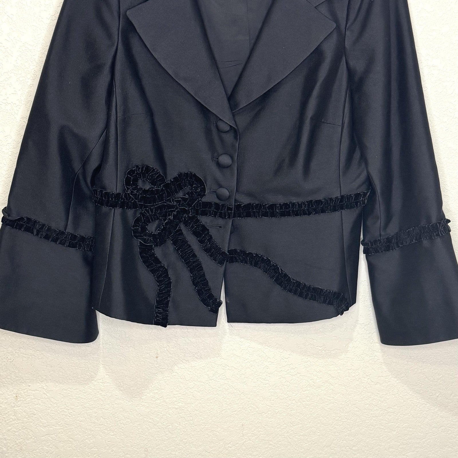 Teri Jon Blazer Womens 12 Black Silk Wool Blend Button Up Bow Trim Suit Jacket