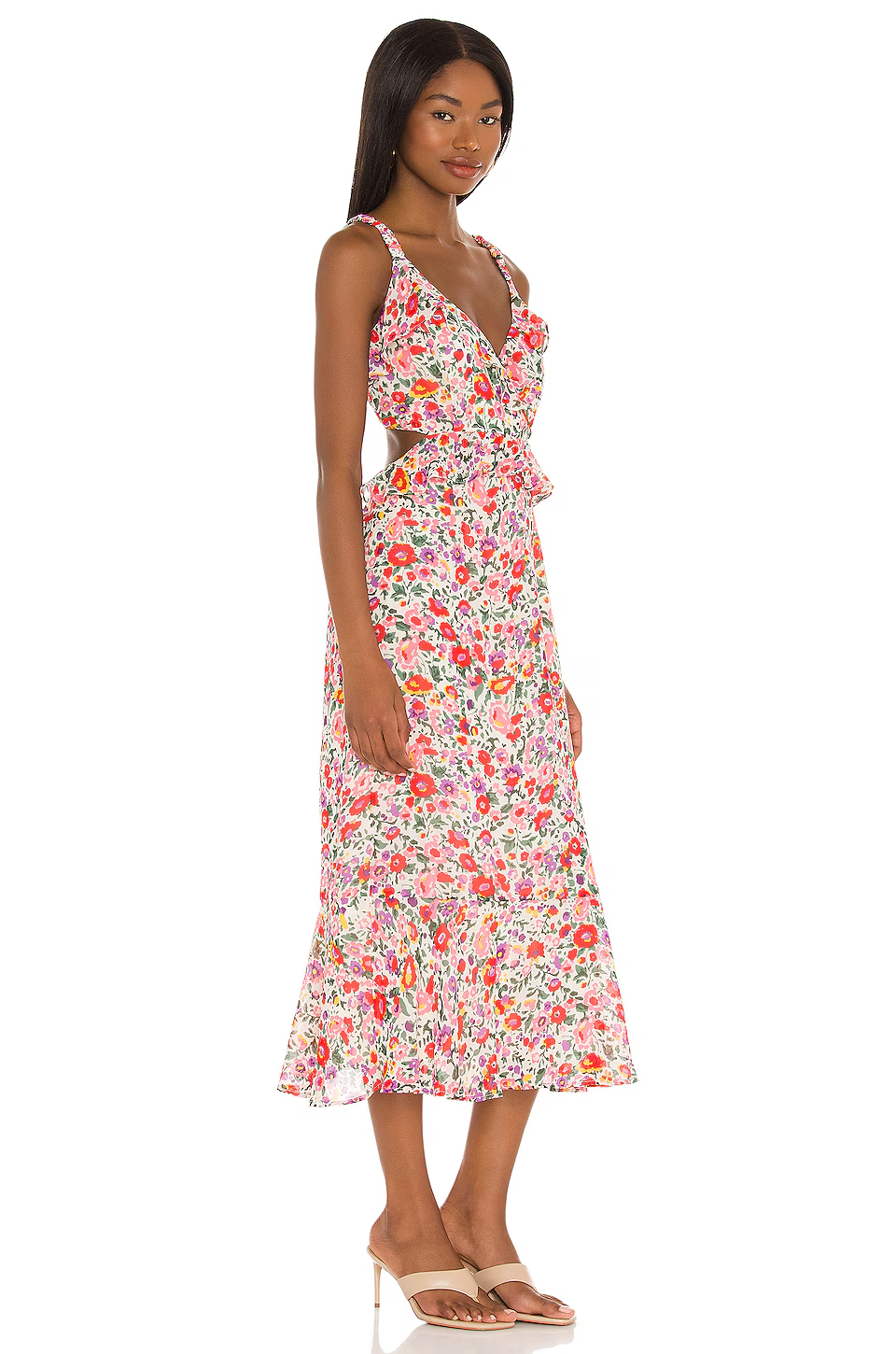 ASTR the Label Maxi Dress Size Large Wildfloral Red Pink Floral Ruffles Cutout
