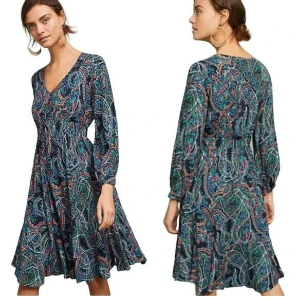 Anthropologie Maeve Maplewood Dress Size Small Colorful Paisley Flowy Ruffle Hem