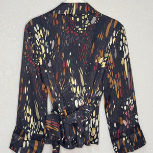 Lafayette 148 New York Blouse Womens 2 Black Abstract Print Silk Wrap Top Shirt