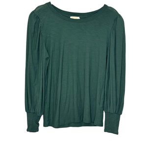 Nation LTD Shirt Womens Small Green Pima Cotton Long Sleeve Puff Sleeve Crewneck