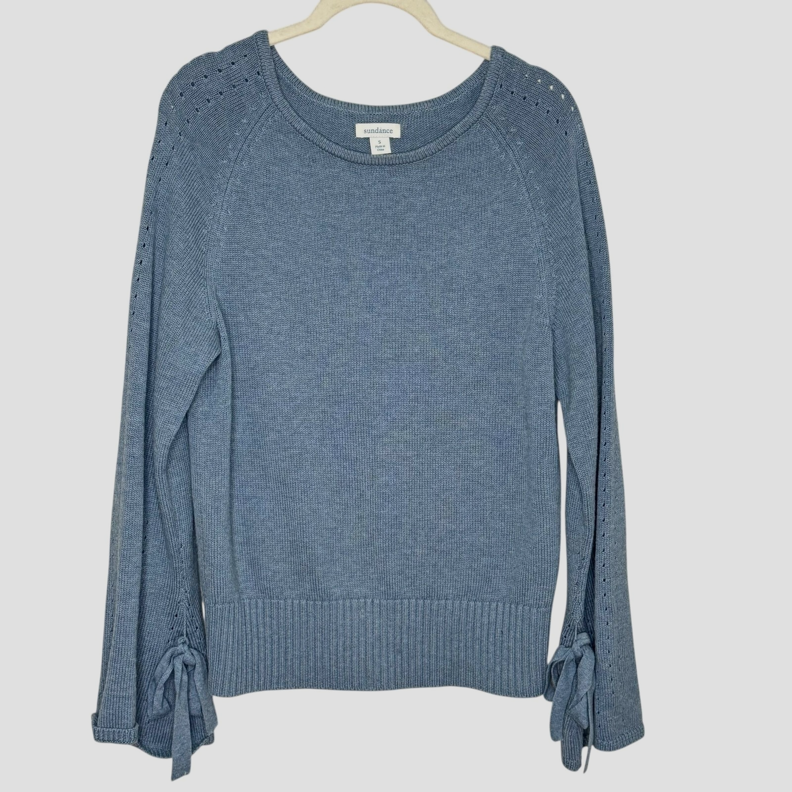 Sundance Sweater Womens Small Blue Supima Cotton Merino Wool Tie Cuff Pullover