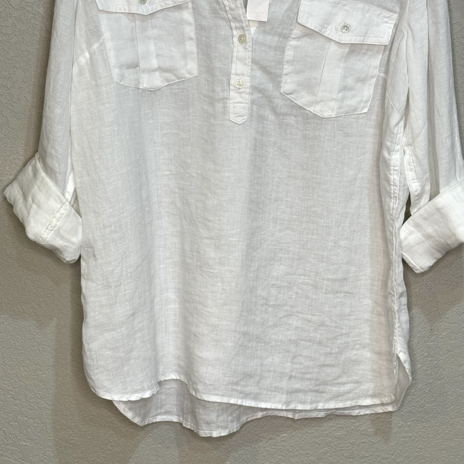 Talbots White Linen Band Collar Popover Top Shirt Cross Dye Size Large NEW $99