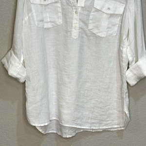 Talbots White Linen Band Collar Popover Top Shirt Cross Dye Size Large NEW $99