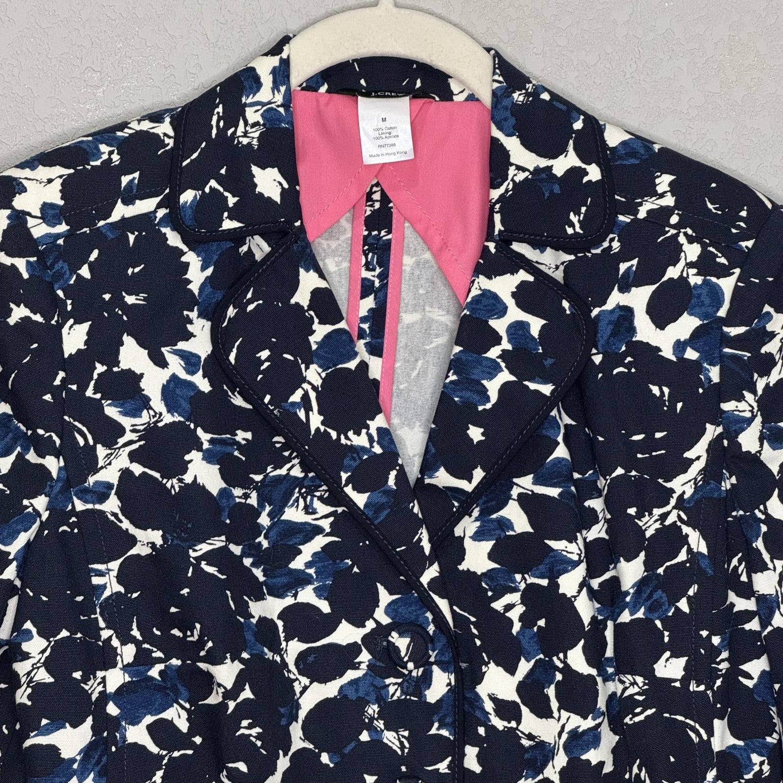 Vtg J Crew Blazer Womens Medium Navy Blue White Floral Print Cotton Jacket SP 05