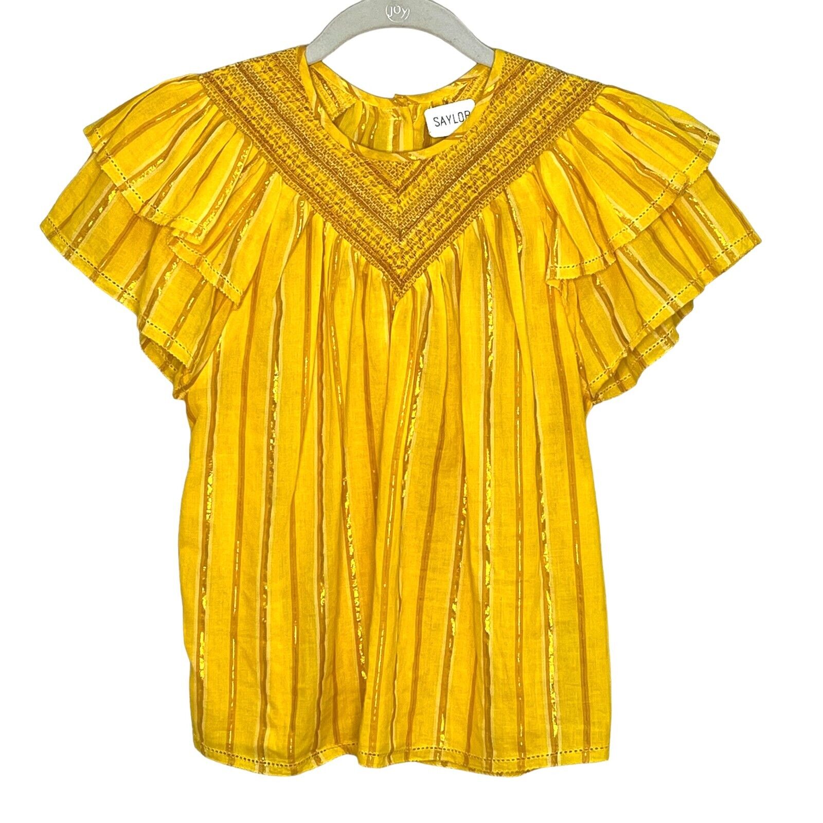 Saylor Yellow Metallic Lurex Stripe Short Sleeve Ruffle Top Blouse Size Small