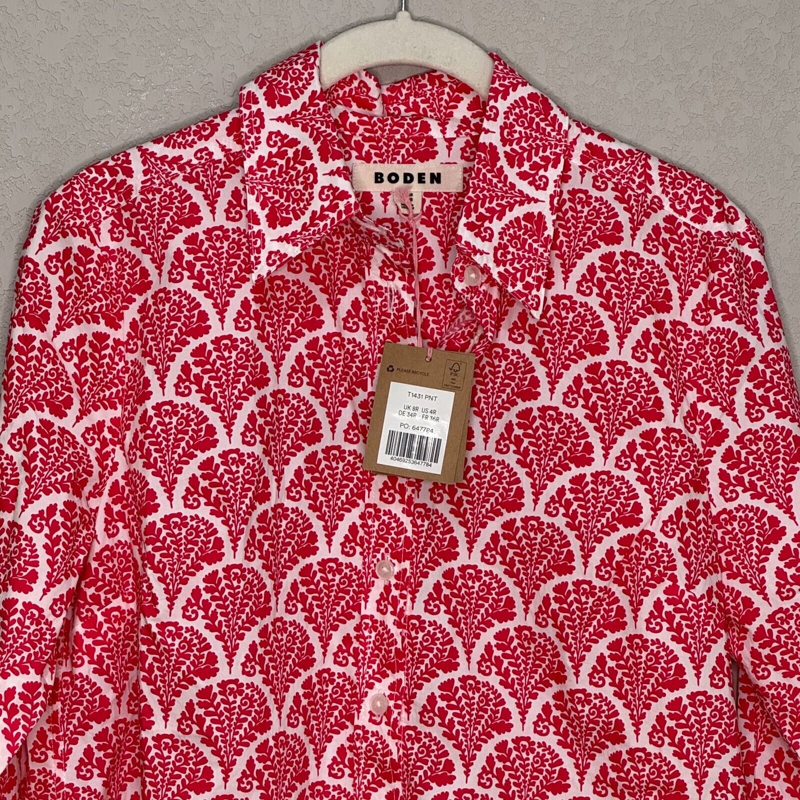 BODEN Sienna Cotton Shirt Size 4 NEW Raspberry Blossomy Print Button Up $92