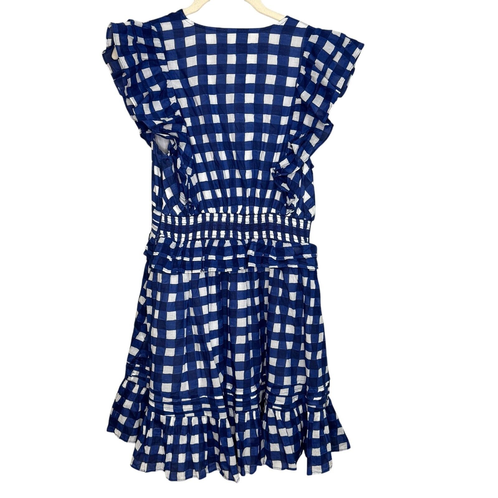 Cleobella Benny Mini Dress Size Small NEW Blue White $250 Ruffle Sleeve Smocked