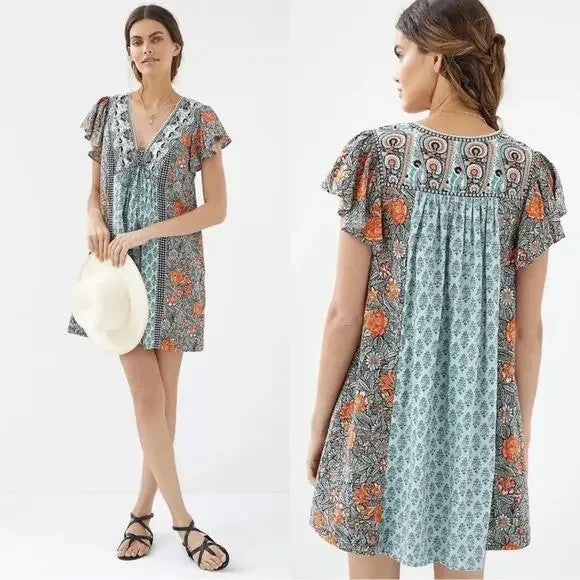 Anthropologie Dress Womens Small Boho Floral Paisley Tunic Pockets Orange Green