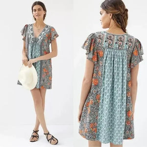 Anthropologie Dress Womens Small Boho Floral Paisley Tunic Pockets Orange Green
