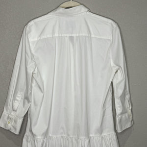 THESHIRT Rochelle Behrens Shirt Dress Womens Medium White Drop Waist Ruffle Hem