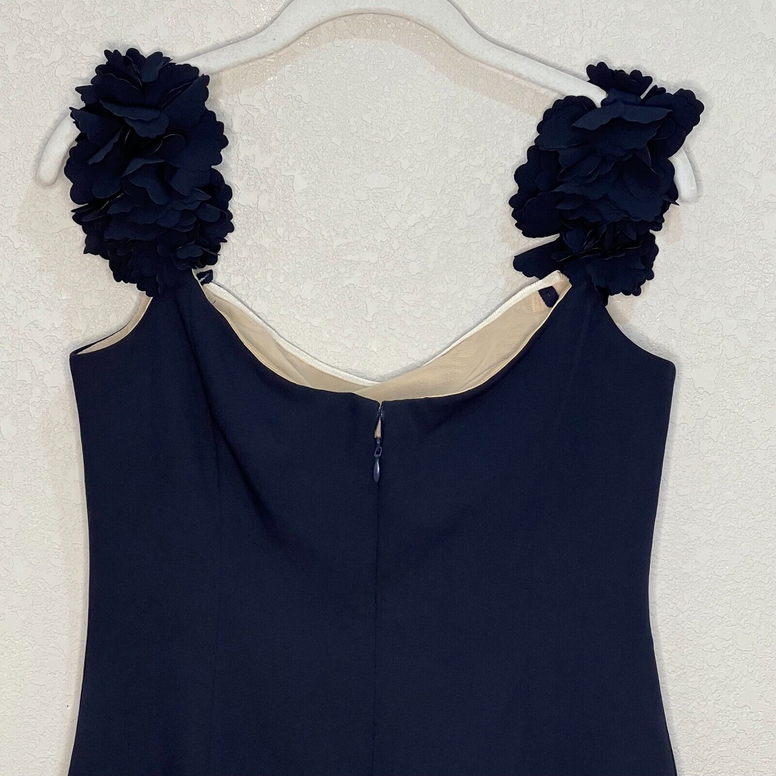 Marchesa Notte NEW Navy Blue Square Neck 3D Flower Strap Dress SIZE 8 $495