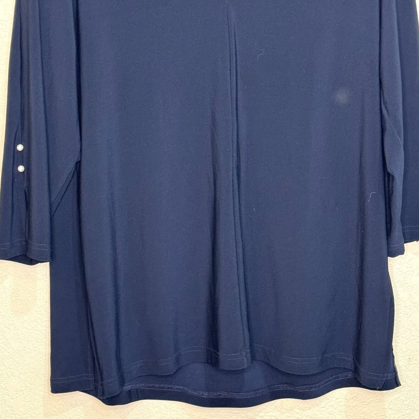 Sympli Navy Blue Split Collar Jersey Top with Pearl Cuff Accent Size 8