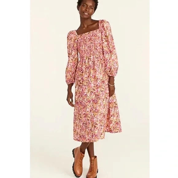 J Crew Dress Womens Small Pink Brown Floral Smocked Midi Long Sleeve $128