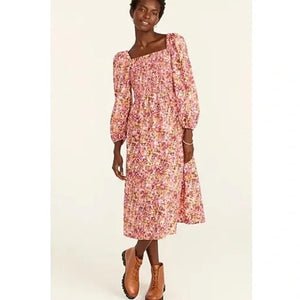J Crew Dress Womens Small Pink Brown Floral Smocked Midi Long Sleeve $128