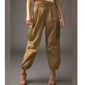 Anthropologie Olive Green Cargo Parachute Pants Size 8 Contrast Pockets Cotton