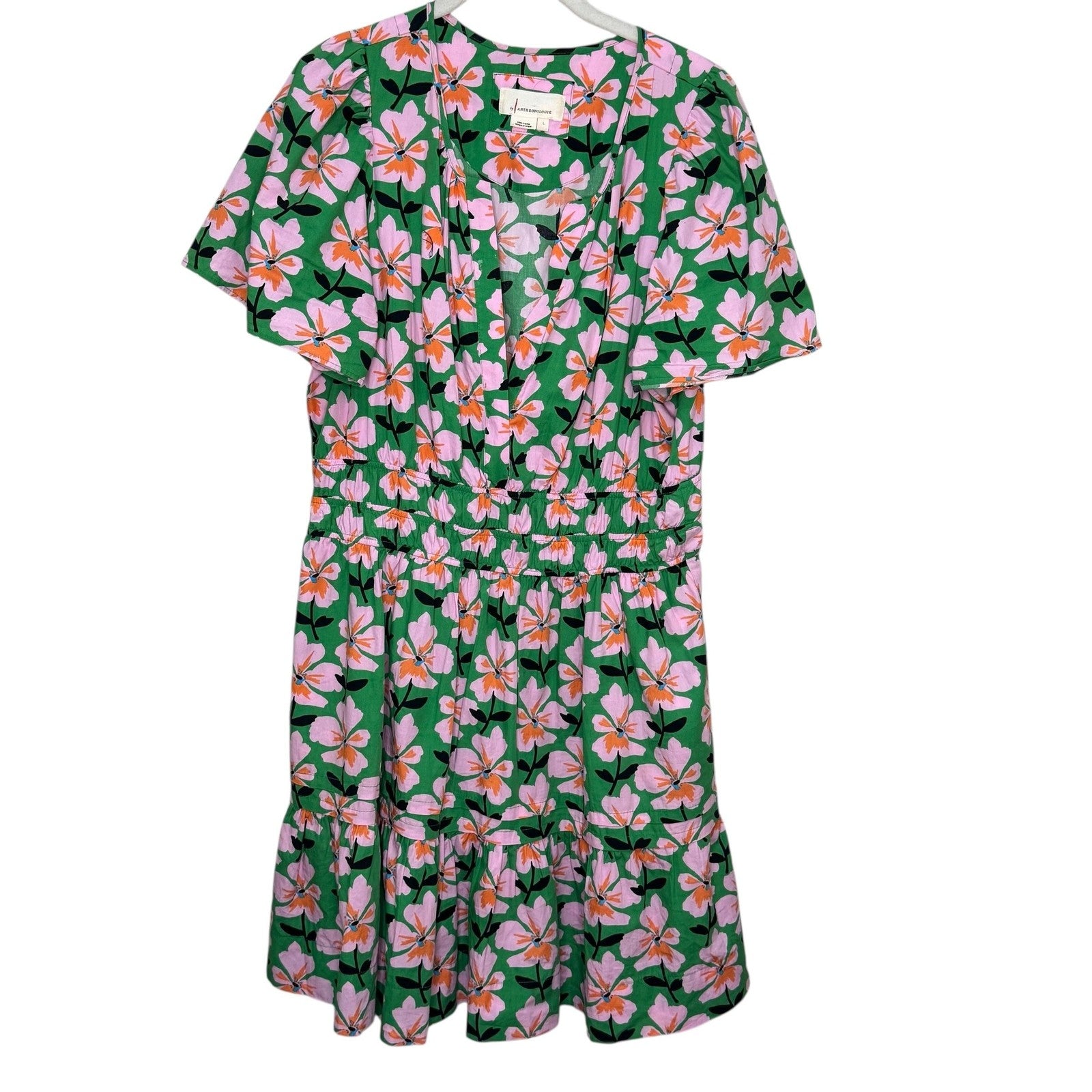 Anthropologie Somerset Dress Large Floral Boho Mini Short Sleeve Pockets