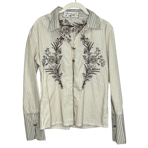 Johnny Was Shirt Size Small Ivory Striped Long Sleeves Hook & Eye Embroidered