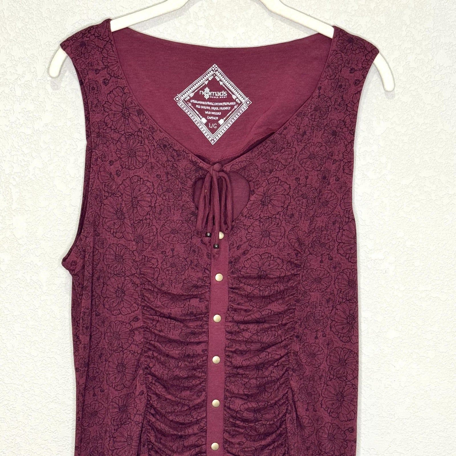 Nomads Hemp Wear Dress Womens Large Burgundy Boho Ruched Front Floral Organic