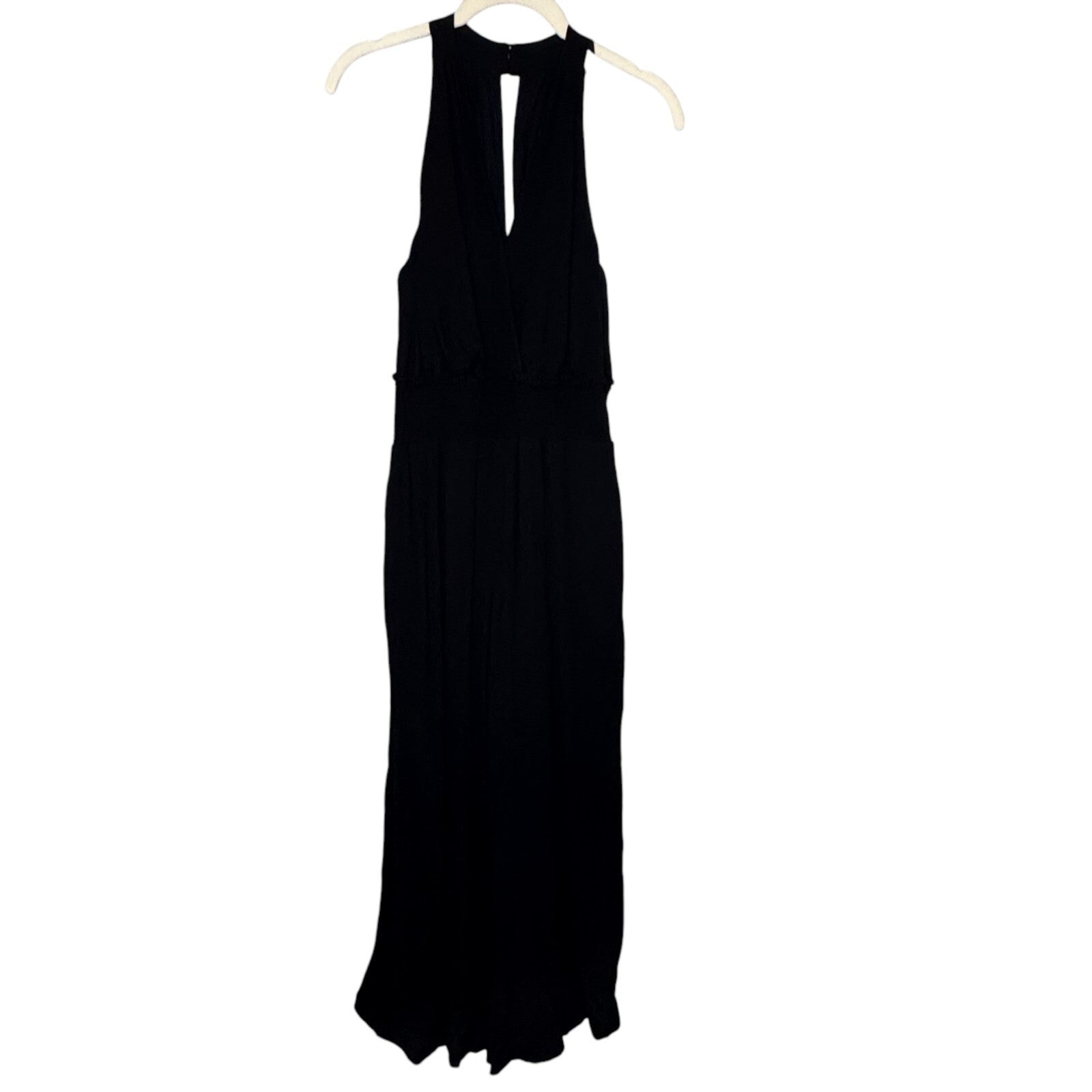 Anthropologie Jumpsuit Size Medium Black Bionda Plisse Smocked Waist Halter Neck
