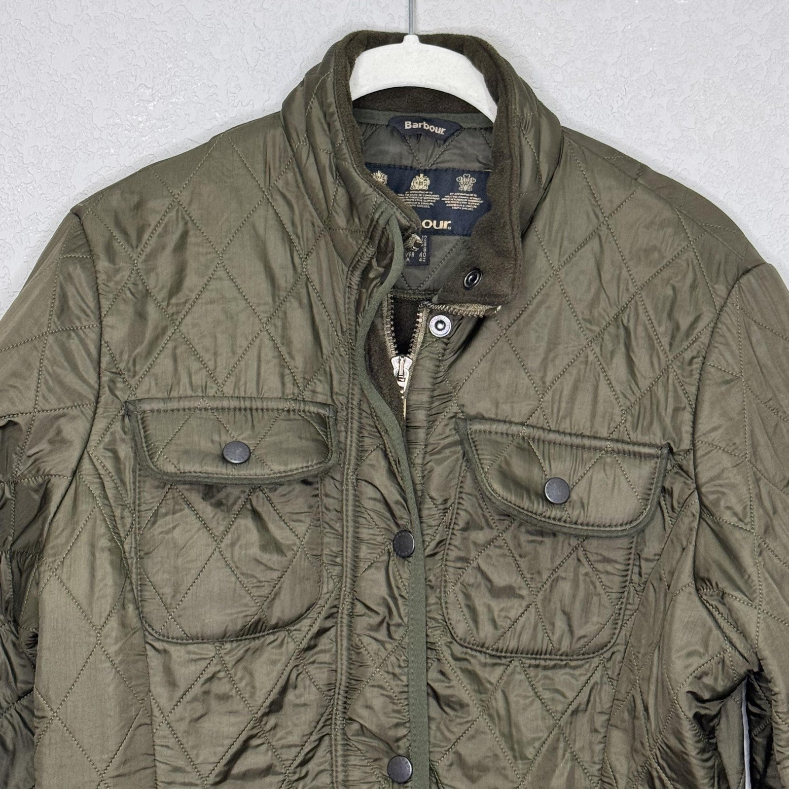 Barbour Quilted Jacket Womens 8 Olive Green Polarquilt Utility 4 Pocket Zip Snap