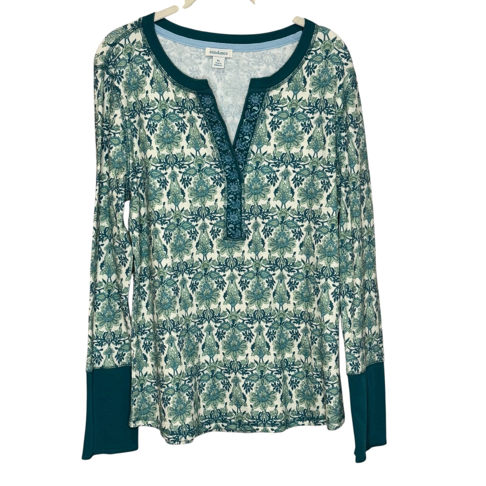 Sundance Thermal Henley Top Size XL Teal Blue Print V Neck