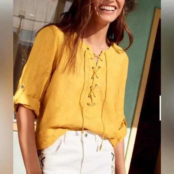 Maeve Anthropologie Linen Top Blouse Women Size 4 S Mustard Yellow Marva Lace Up