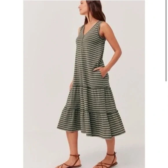 Pact Dress Womens Medium Striped Sleeveless V Neck Organic Cotton Pockets Casual