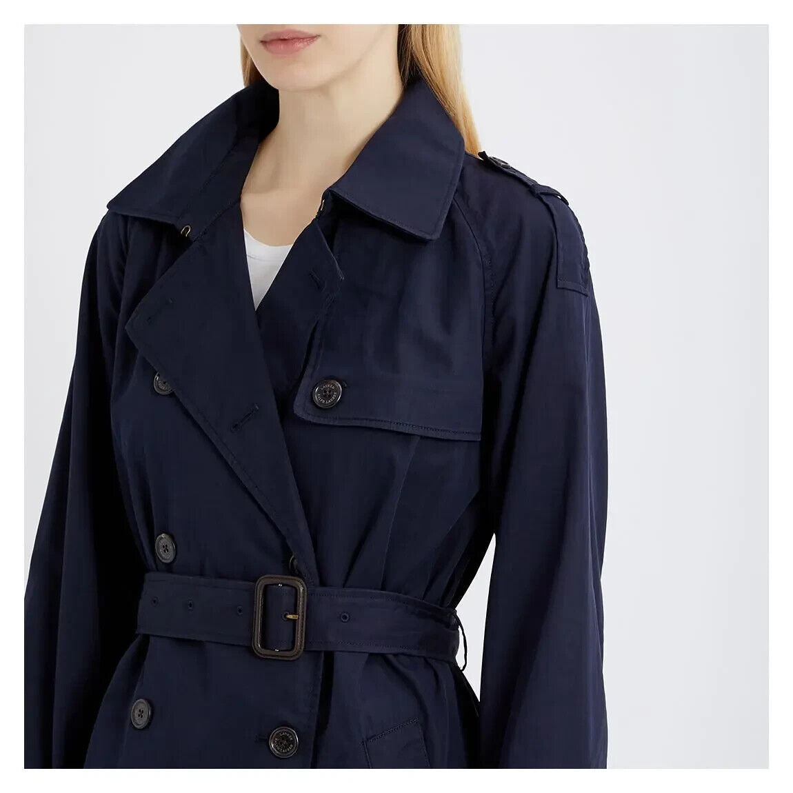 Lauren Ralph Lauren Navy Trench Coat Jacket Size 10 NEW Cotton Blend Twill Str