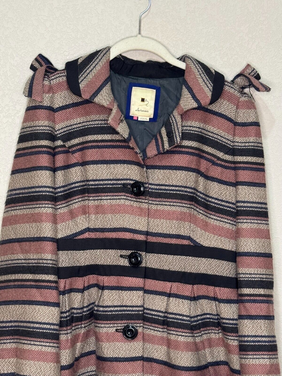 Anthropologie Elevenses Coat Size 6 Striped Wool Blend Shoulder Bows Lined