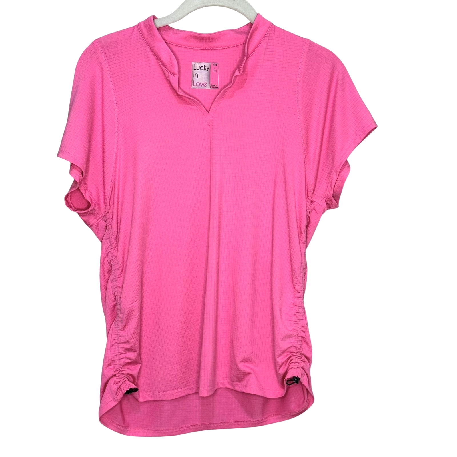 Lucky in Love Shirt Womens Large Pink Short Sleeve Ruched Pullover Tennis Top