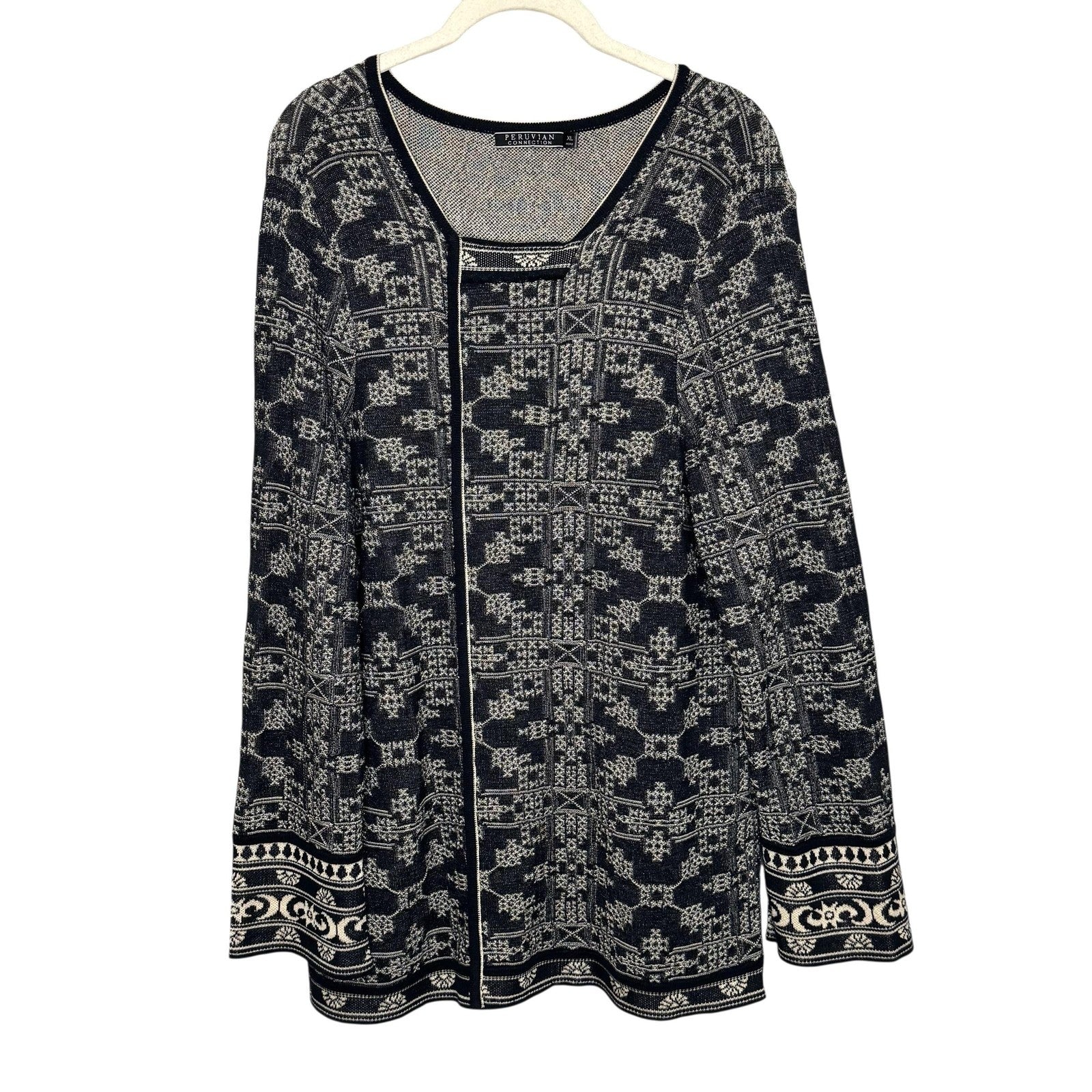 Peruvian Connection Sweater Womens XL Black Cream Pima Cotton Tunic Boho Knit
