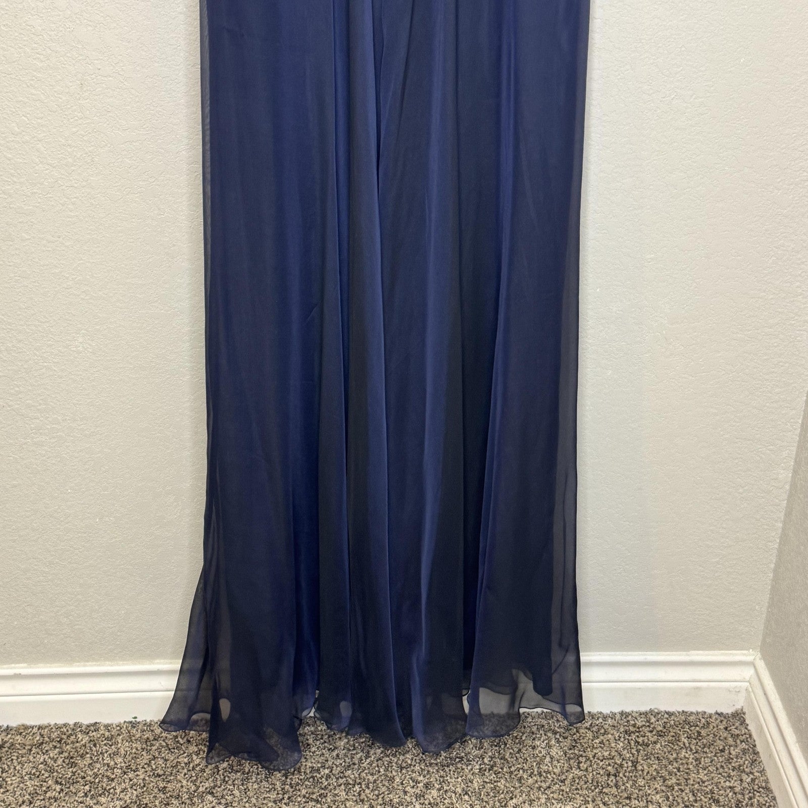Teri Jon Evening Gown Womens 8 Navy Blue Silk One Shoulder Ruffle Formal Dress