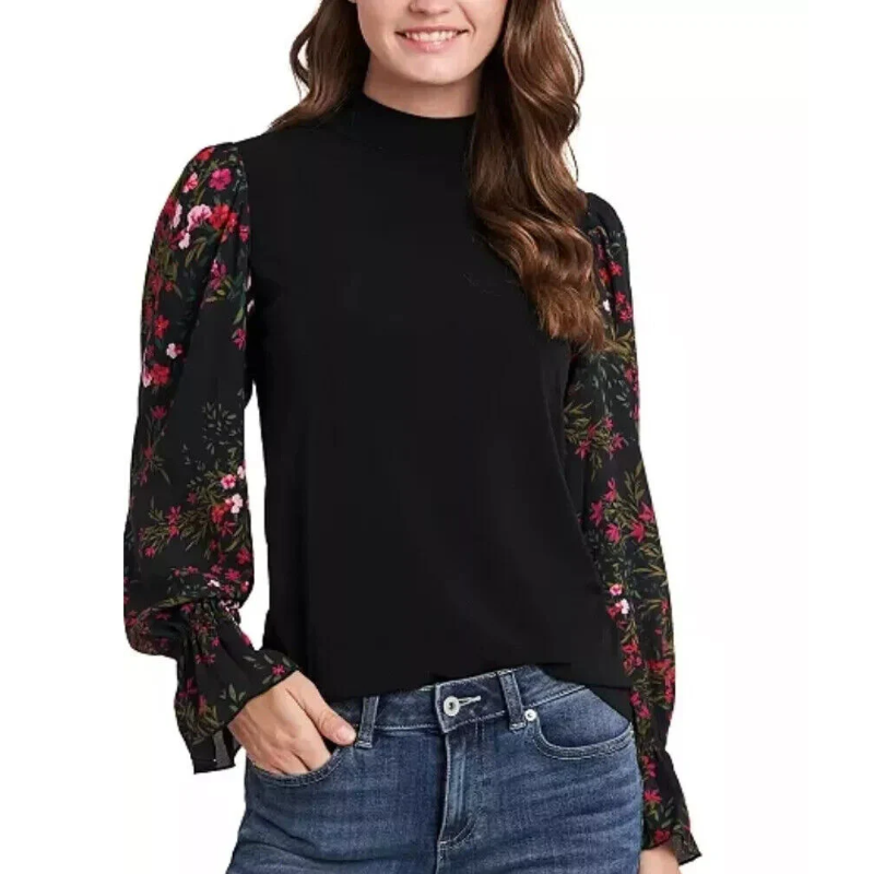 Cece Black Floral-Sleeve Mock-Neck Knit Top Size Small