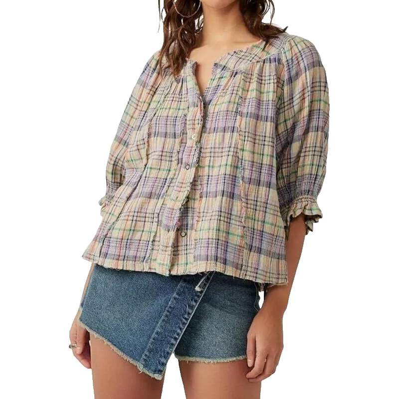 Free People NEW We The Free Lucy Plaid Swing Shirt in Au Lait Size Small $108