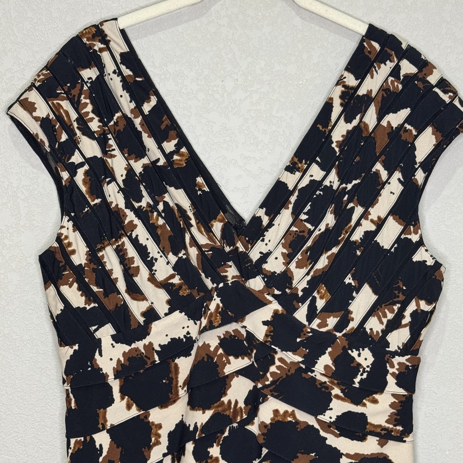 Adrianna Papell Dress Womens 14 Sheath Animal Print Ruched V Neck Cocktail Party - Flair - Style