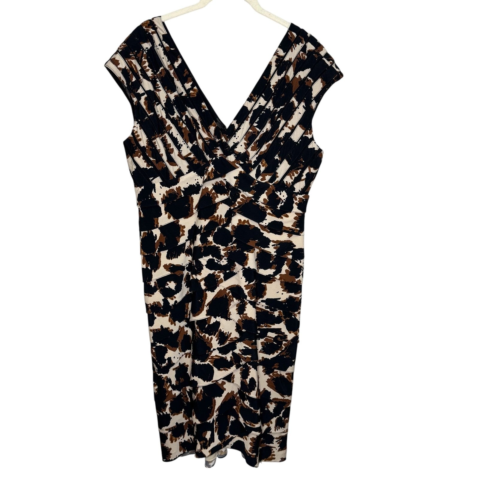 Adrianna Papell Dress Womens 14 Sheath Animal Print Ruched V Neck Cocktail Party - Flair - Style