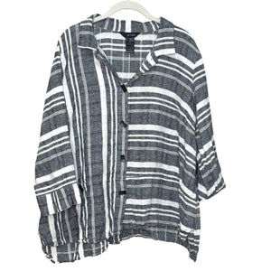 Ali Miles Womens Tunic Top Size 1X Linen Black Grey White Stripes Buttons Artsy - Flair - Style
