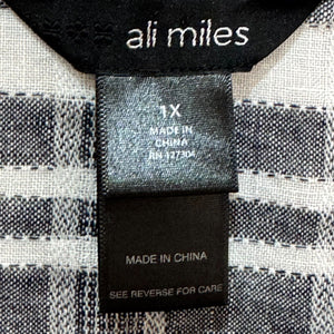 Ali Miles Womens Tunic Top Size 1X Linen Black Grey White Stripes Buttons Artsy - Flair - Style